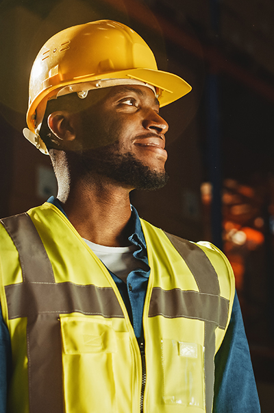 Tradesman on construction site wearing hard hat and safety vest