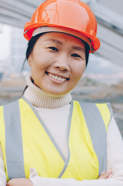 Asain lady wearing hard hat